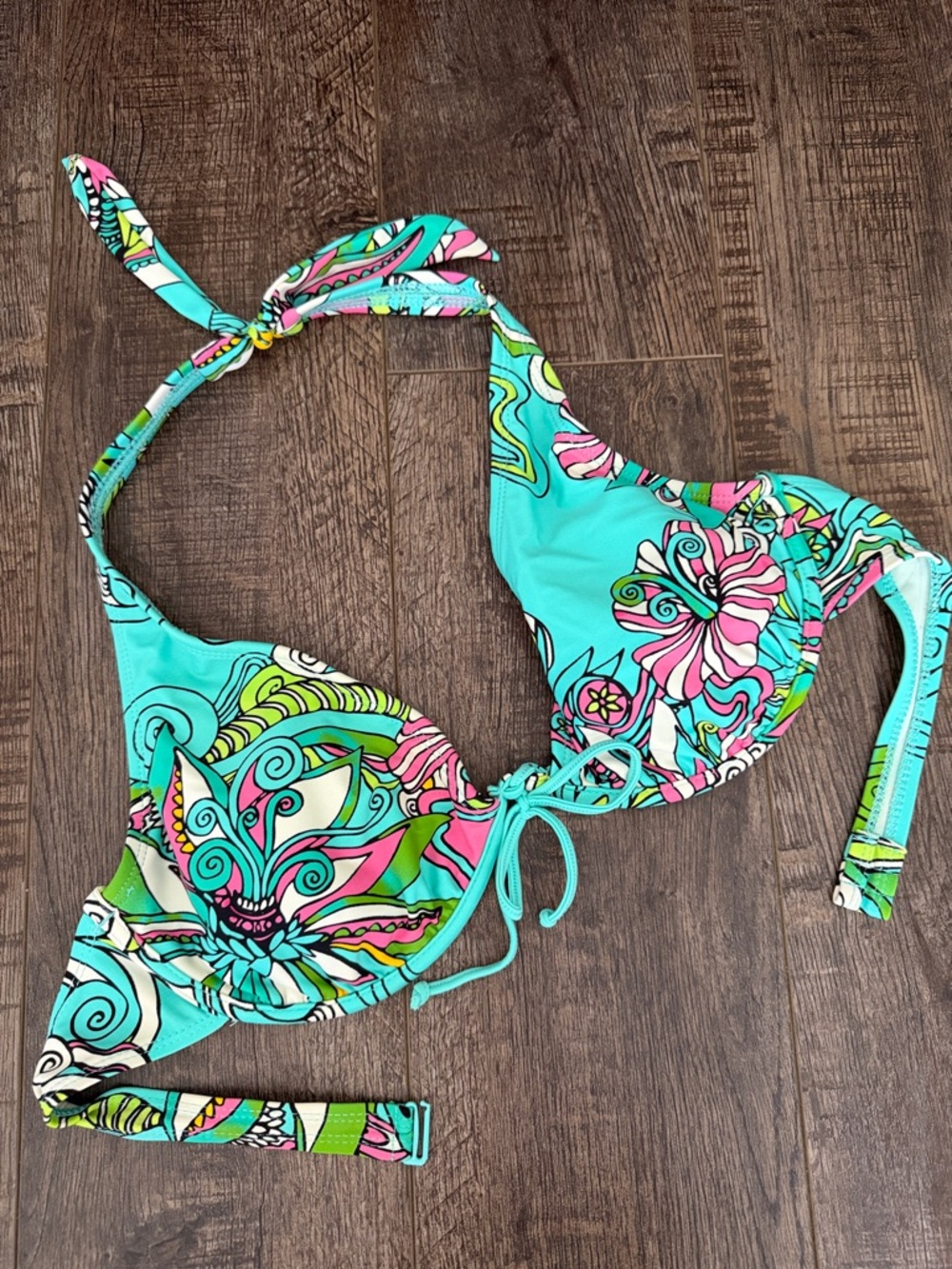 Body Glove Turquoise Pink Green Patterned Bikini Top
